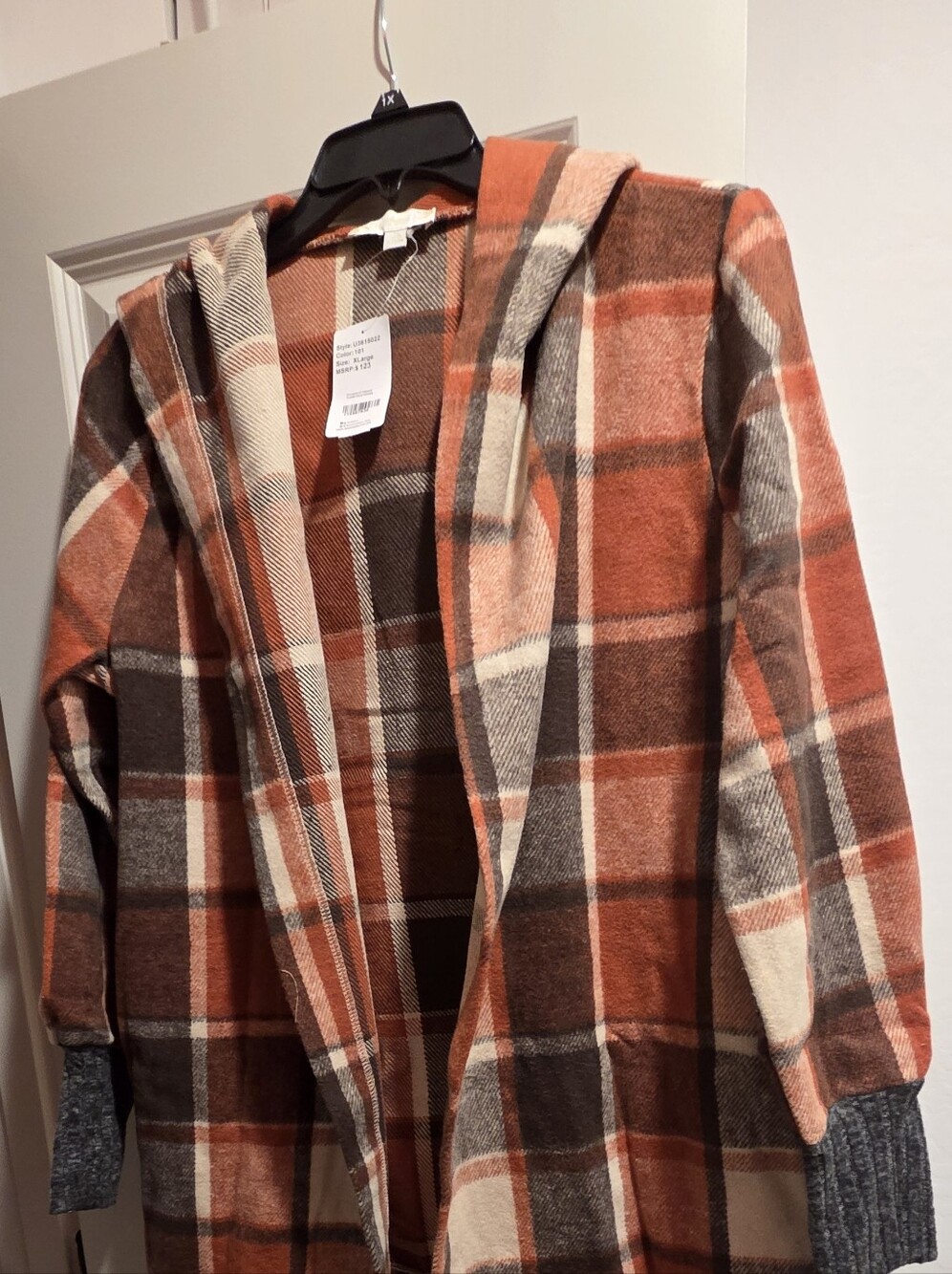 Plaid Hooded Trench Coat in Orange, Brown & Cream
